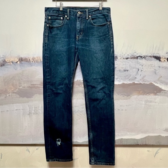 Levis 511 Jeans Mens 32x32 Slim Fit Straight Leg Blue Dark Wash Denim Distressed - Picture 1 of 15